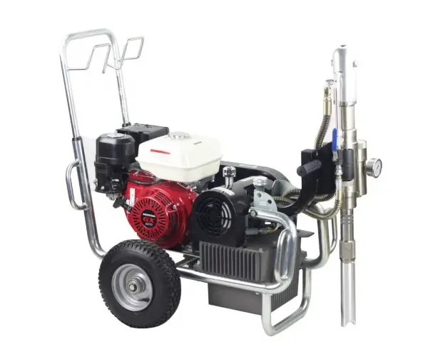El pulverizador de pintura DP-9600 es un pulverizador de bomba de pistón de accionamiento hidráulico de servicio pesado, que funciona de manera autónoma, gracias a un potente motor Honda GX. Es ideal para materiales de alta viscosidad, uso de múltiples pistolas y trabajo en alturas. Pulveriza material bituminoso y retardante de fuego / ignífugo, betún, epoxi, masilla, yeso y todo tipo de materiales de alta viscosidad.